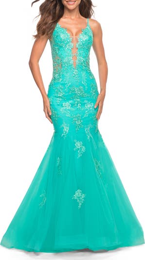 La Femme Tulle and Lace Mermaid Gown in Aqua Nordstrom