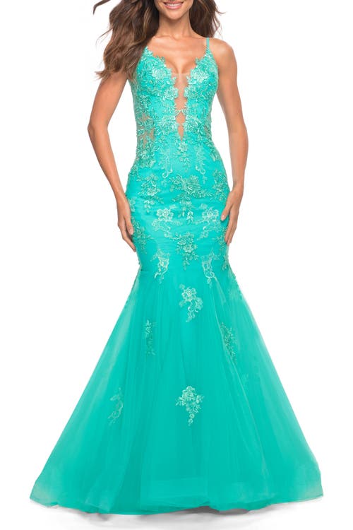 La Femme Tulle And Lace Mermaid Gown In Aqua