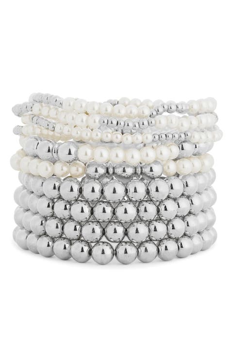 Set of 10 Faux Pearl Beaded Bracelets