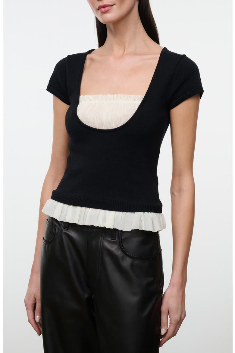 Marin Chiffon Trim Short Sleeve Sweater, Main, color, BLACK/ IVORY