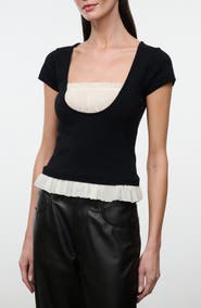 STAUD Marin Chiffon Trim Short Sleeve Sweater