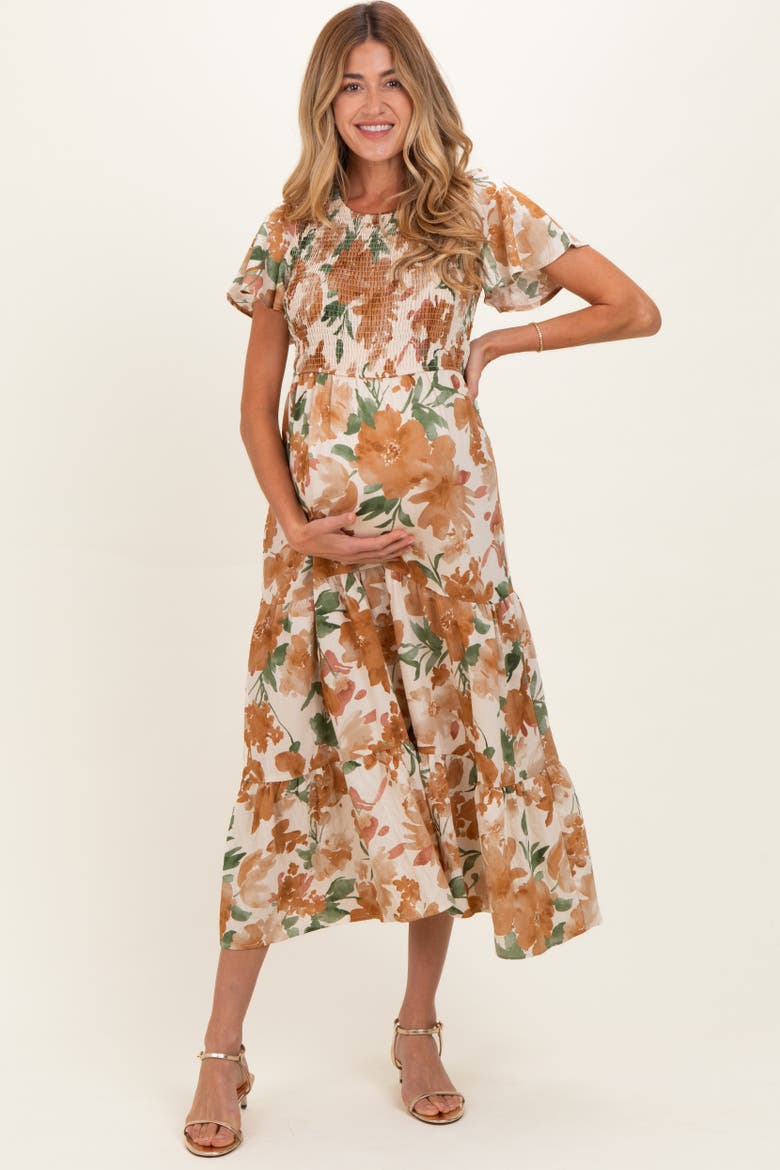 Floral Smocked Tiered Midi Dress, Main, color, Mocha