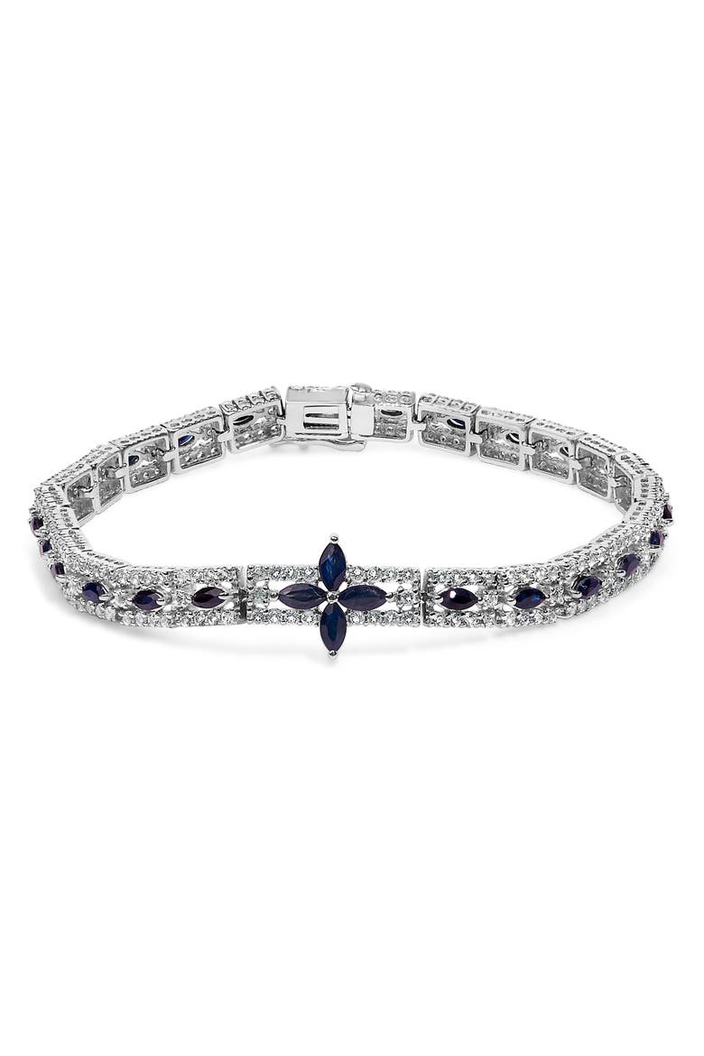 Sterling Silver Dark Blue Sapphire and Topaz Marquise Floral Art Deco Link Bracelet, Main, color, Silver