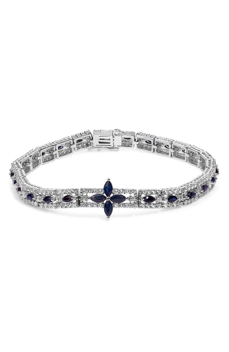 Haus of Brilliance Sterling Silver Dark Blue Sapphire and Topaz Marquise Floral Art Deco Link Bracelet, Main, color, Silver
