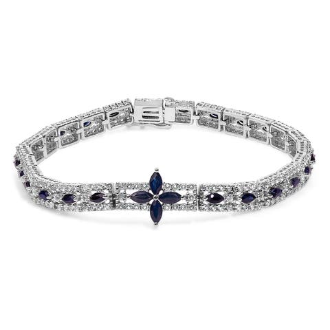 Sterling Silver Dark Blue Sapphire and Topaz Marquise Floral Art Deco Link Bracelet