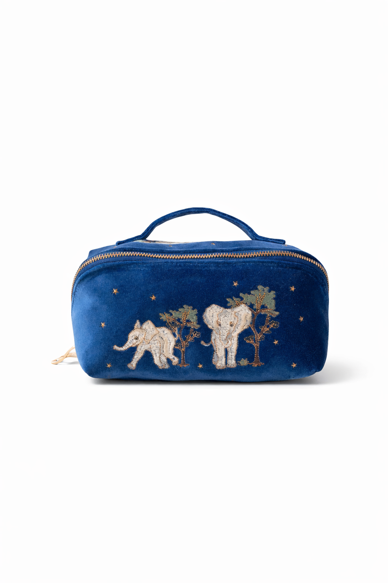 gold elephant print travel makeup bag Herd Open Flat this clever bag lays flat to reveal her full routine Vintage tapestry makeup bag -