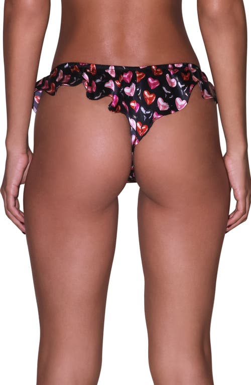 Fleur Du Mal Luxe High Leg Flutter Silk Blend Thong In Black Mini Heartbreaker Print