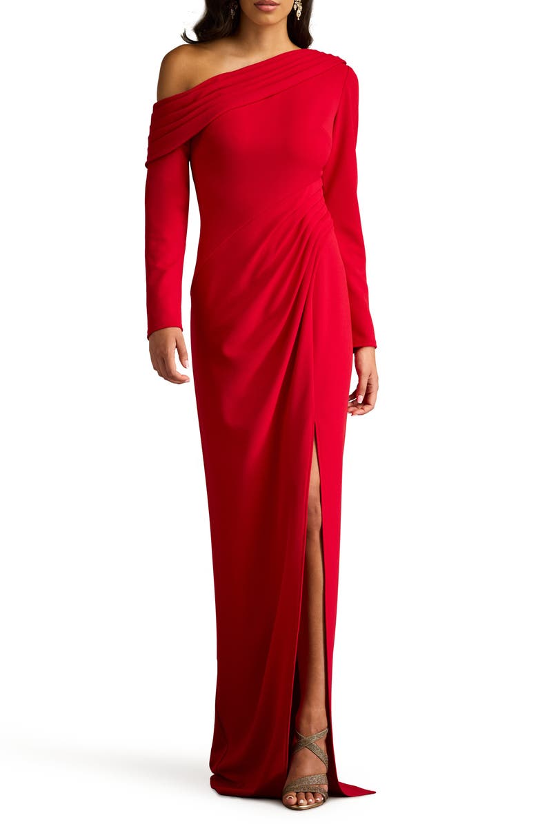 Tadashi Shoji Pleated One-Shoulder Long Sleeve Crepe Gown, Main, color, Flame