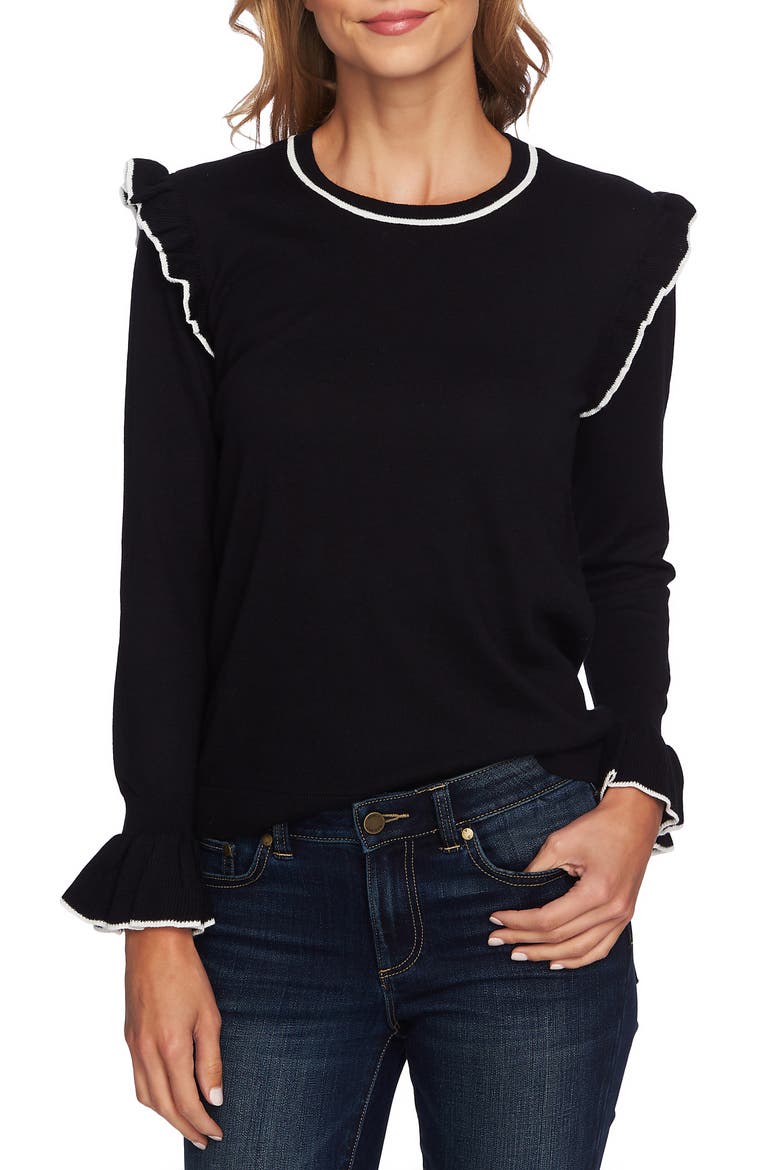Ruffle Detail Cotton Blend Sweater, Main, color, RICH BLACK