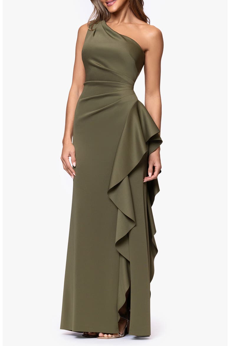 One-Shoulder Ruffle Scuba Crepe Gown, Alternate, color, OLIVE