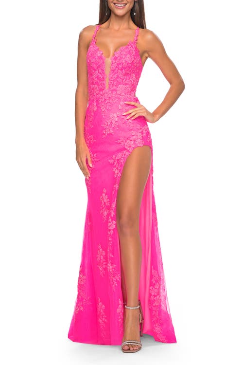 La Femme Lace Fitted Dress With Deep V-neckline And Lace Applique