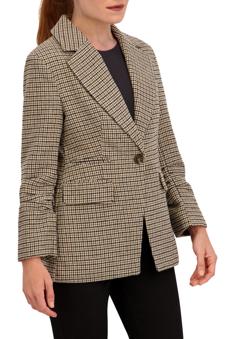 Houndstooth Ruched Sleeve Blazer, Alternate, color, CAMEL/ BROWN/ BLACK
