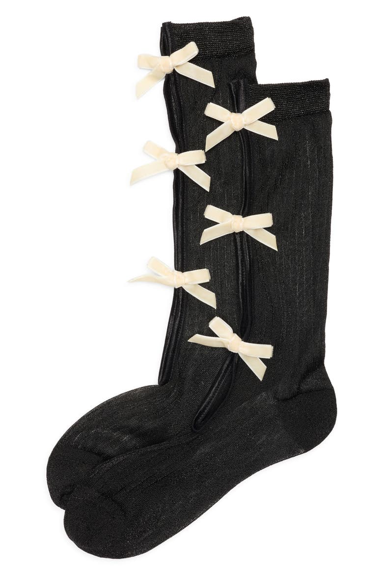 Velvet Bow Socks, Alternate, color, BLACK/ OFF WHITE