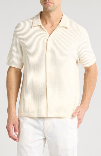 Truth Short Sleeve Plissé Ribbed Button-up Shirt In Neutral
