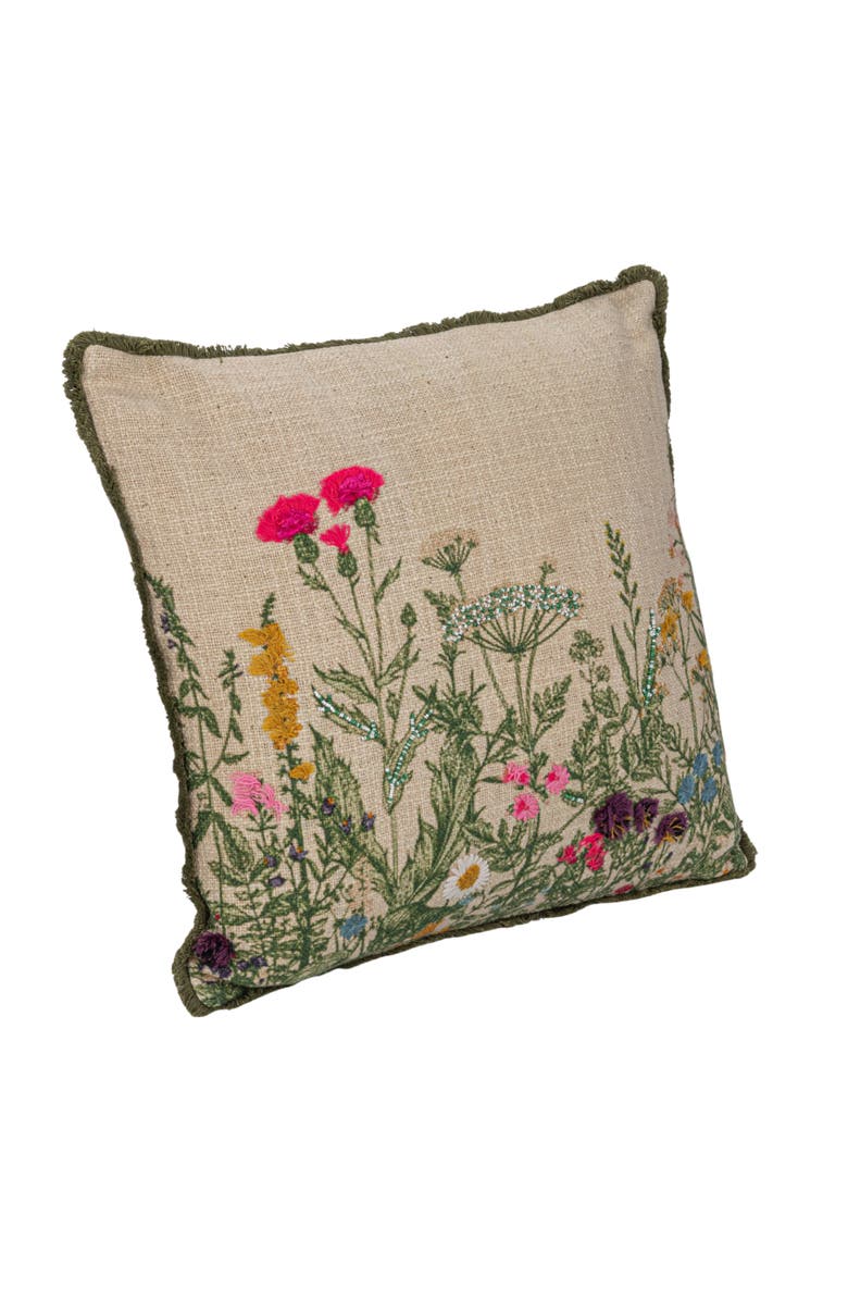 Storied Home Cotton Slub Flower Pillow with Embroidery, Beads and Lace Trim, Multicolor, Main, color, Red