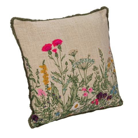 Cotton Slub Flower Pillow with Embroidery, Beads and Lace Trim, Multicolor