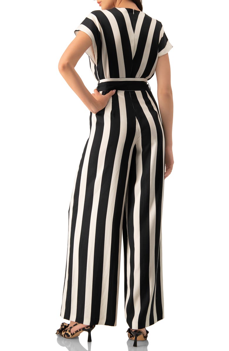 IVONNE Striped V-Neck Jumpsuit with Waist Tie, Alternate, color, Black