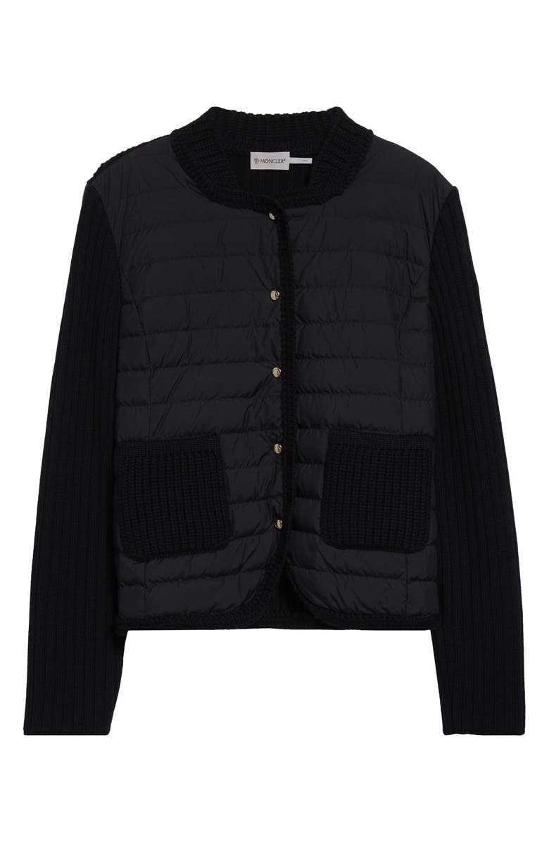 Moncler Quilted Down & Virgin Wool Knit Cardigan, Alternate, color, Navy Blue