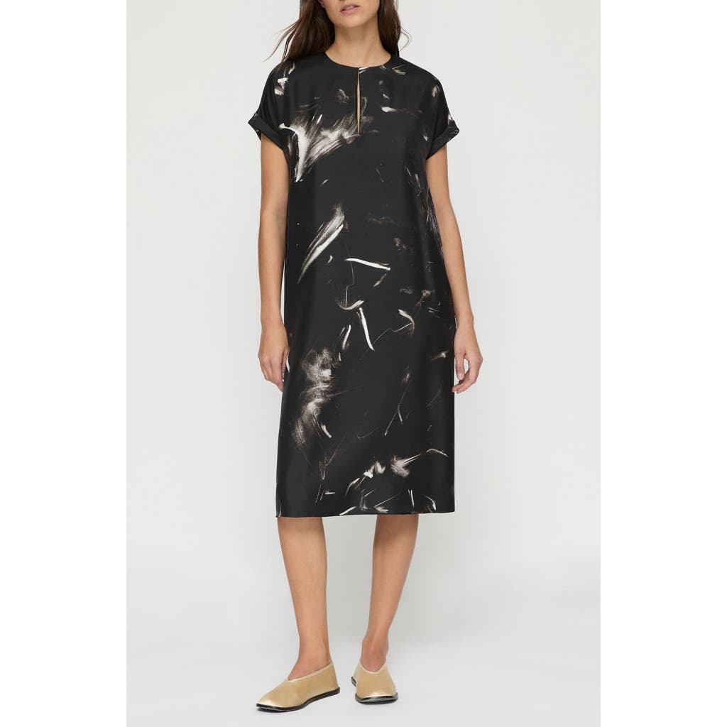 Lafayette 148 New York Charcoal Print Short Sleeve Silk Twill Dress In Black Multi