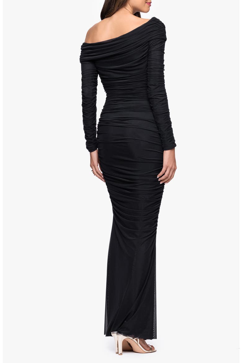 Ruched One-Shoulder Long Sleeve Mesh Gown, Alternate, color, BLACK