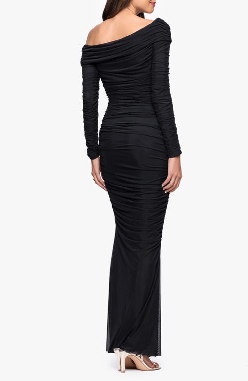 Betsy & Adam Ruched One-shoulder Long Sleeve Mesh Gown In Black