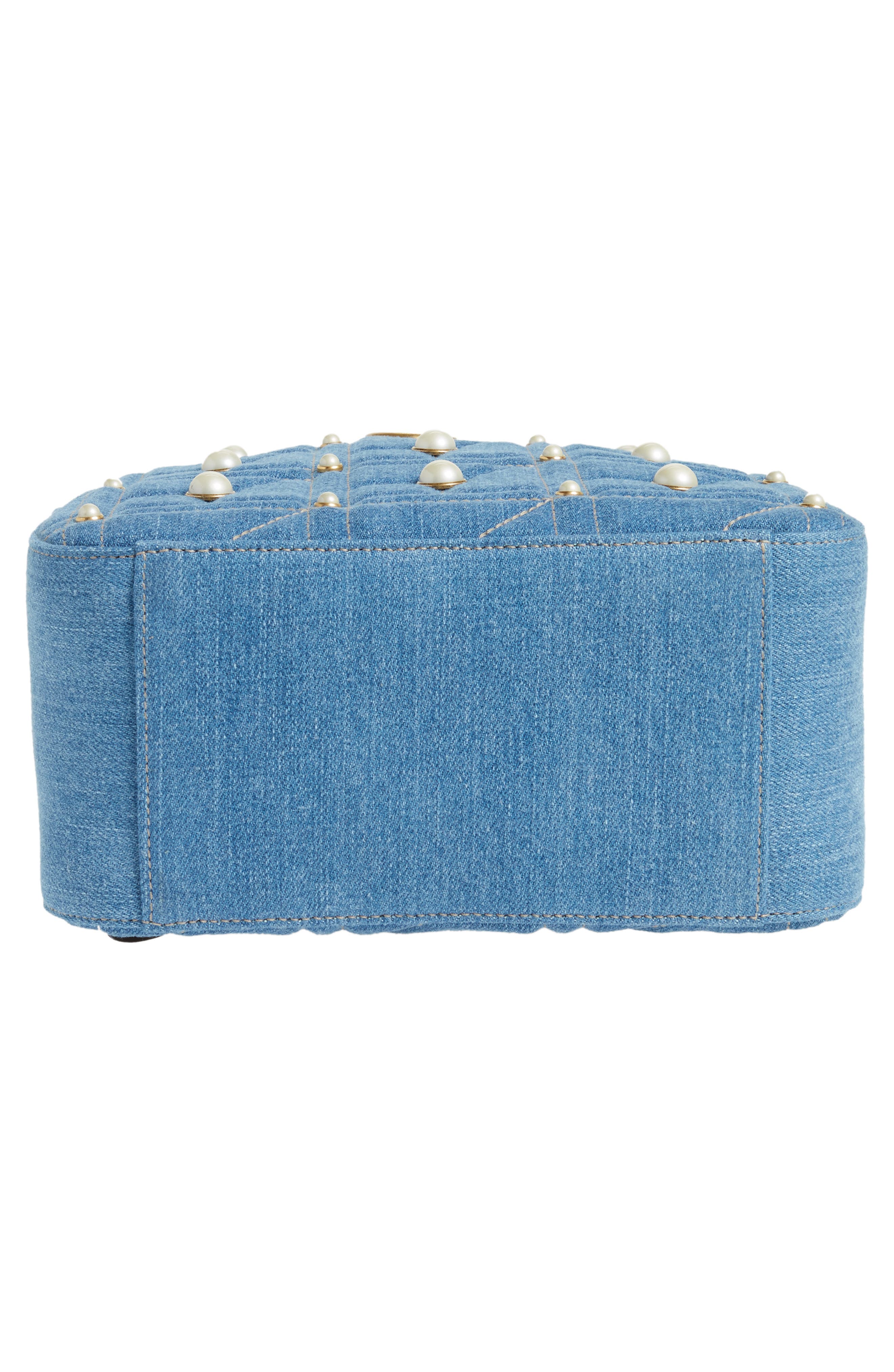 Gucci GG Marmont 2.0 Imitation Pearl Embellished Denim Backpack, Alternate, color, 