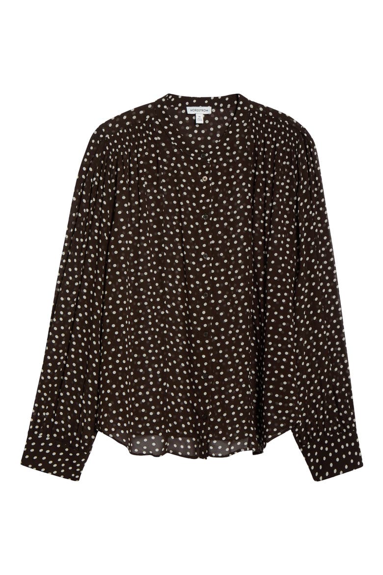 Shirred Chiffon Button-Up Shirt, Alternate, color, BROWN M- IVORY QUYNH DOT