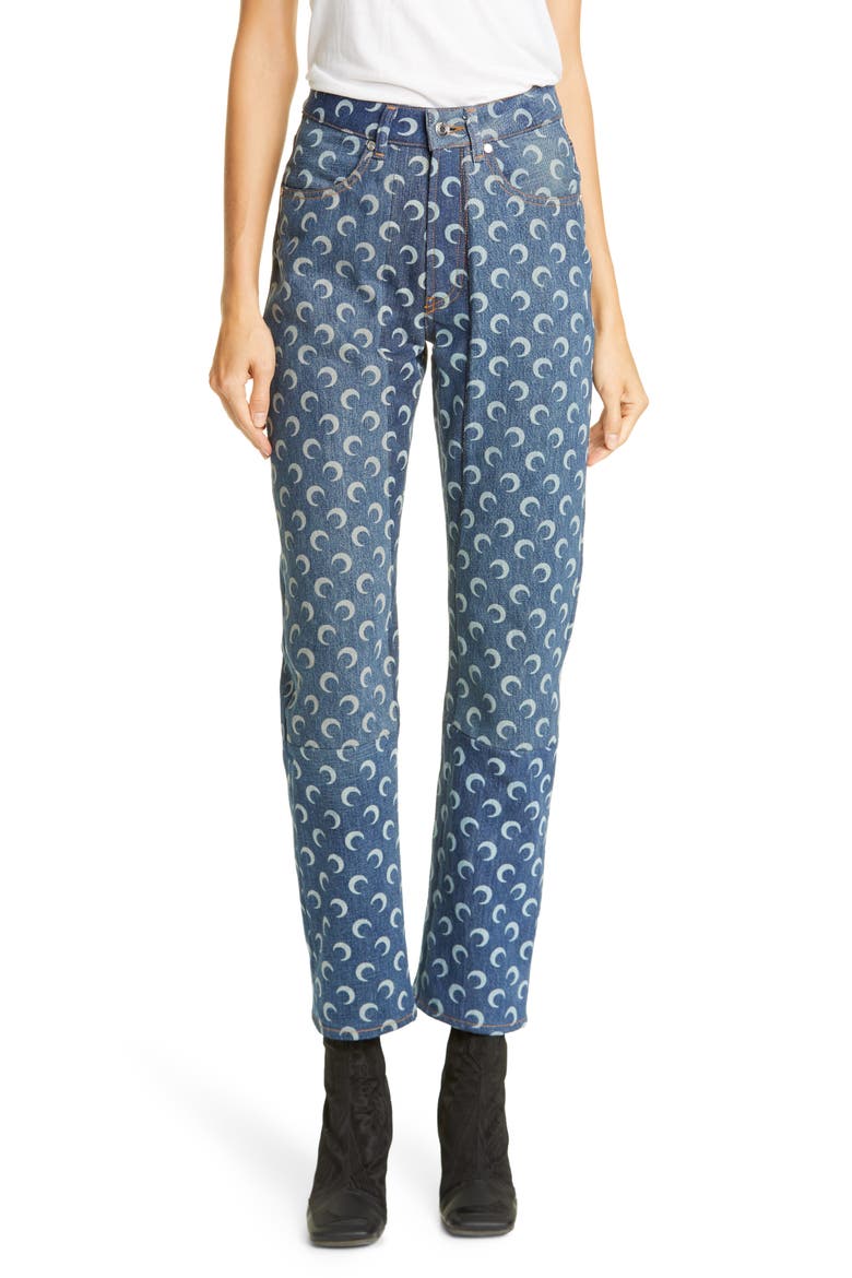 Moon Print Denim Pants, Main, color, BLUE/ WHITE MOON