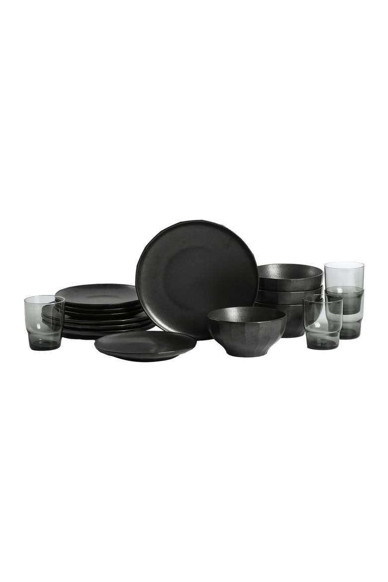Rio Stoneware 16-Piece Dinnerware Set with Glasses, Main, color, Black