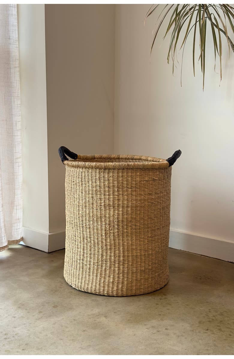 Mbare Handwoven Double Weave Pot Basket with Black Leather Handles, Alternate, color, Natural