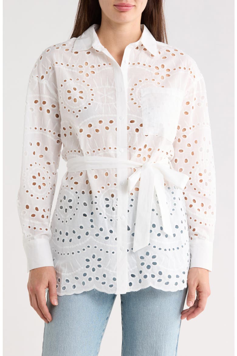 Eyelet Tie Waist Tunic Shirt, Main, color, WHITE