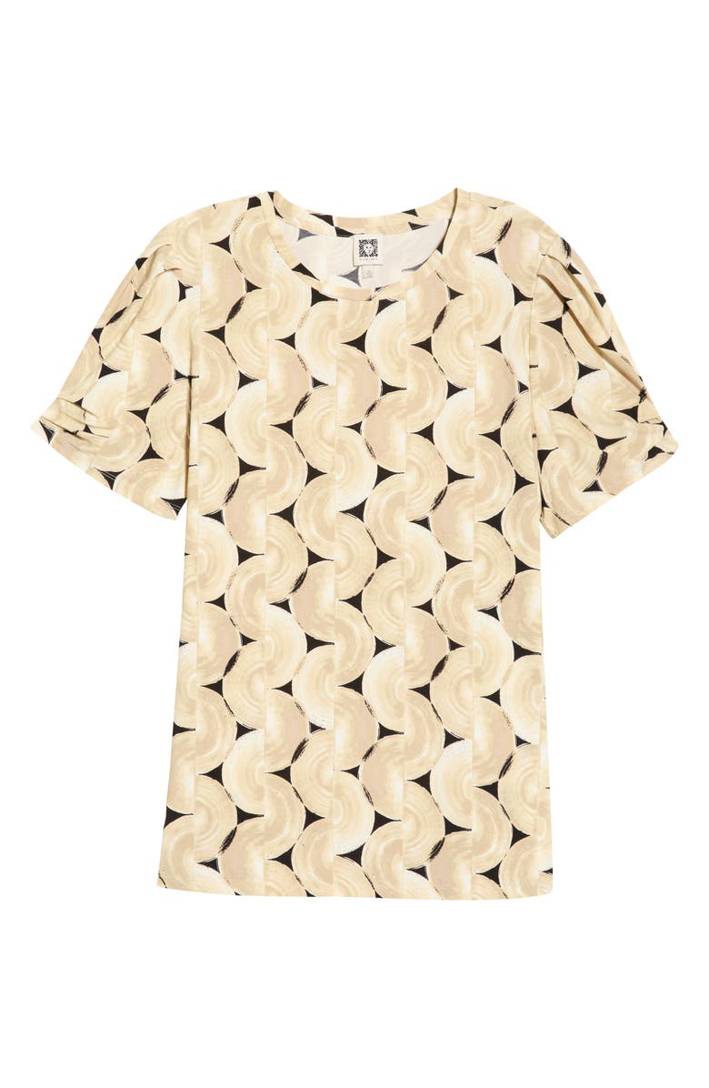 AK ANNE KLEIN Print Pleat Short Sleeve Top, Alternate, color, Latte Multi