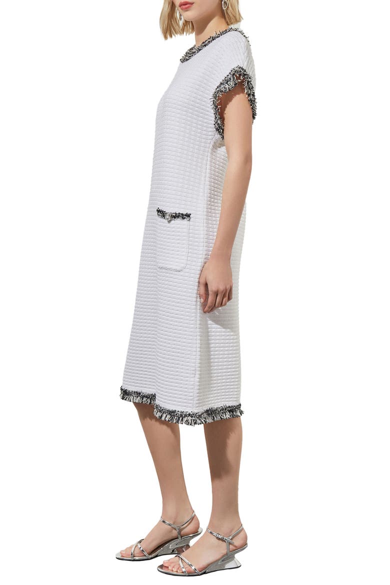 Modern Fit Fringe Trim Tweed Dress, Alternate, color, WHITE/BLACK