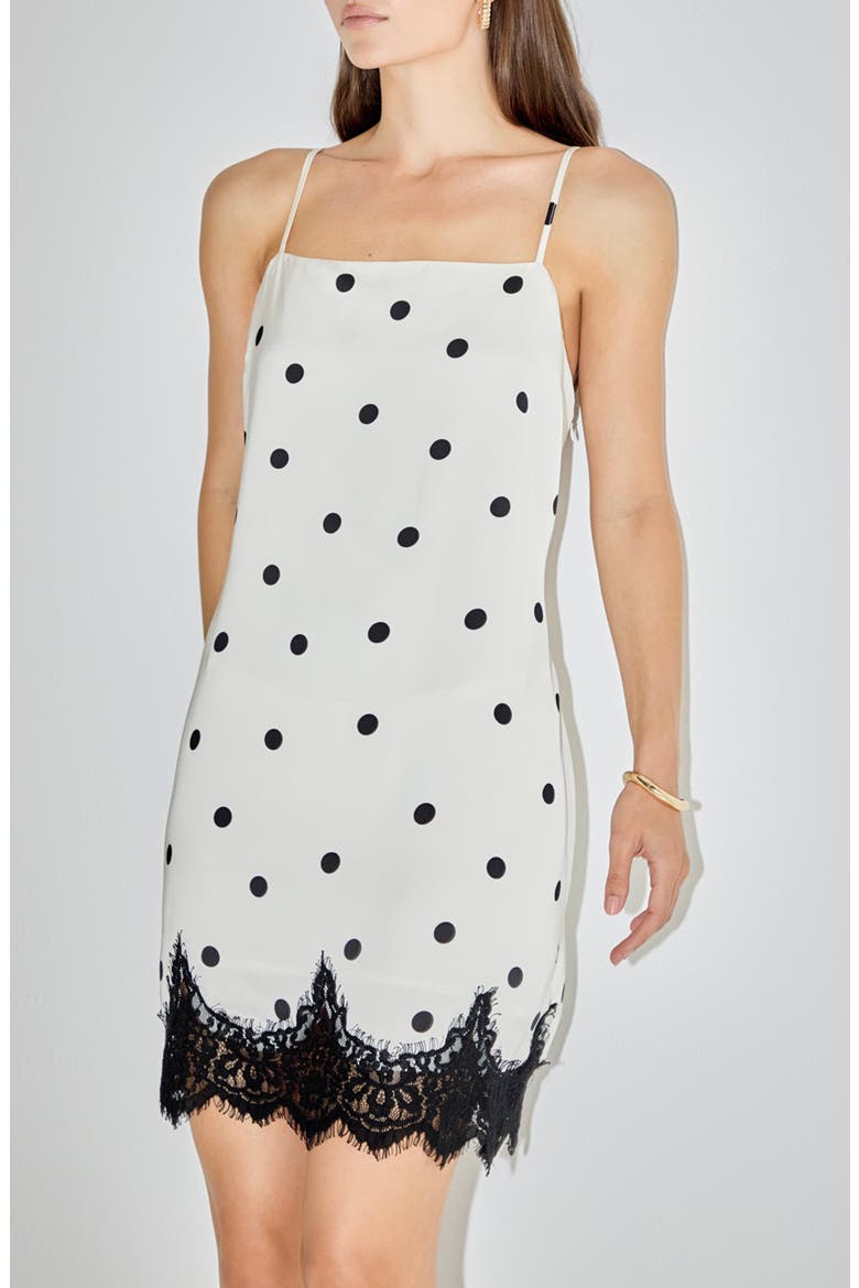 Lace Polka Dot Slip Minidress, Alternate, color, CREAM/ BLACK