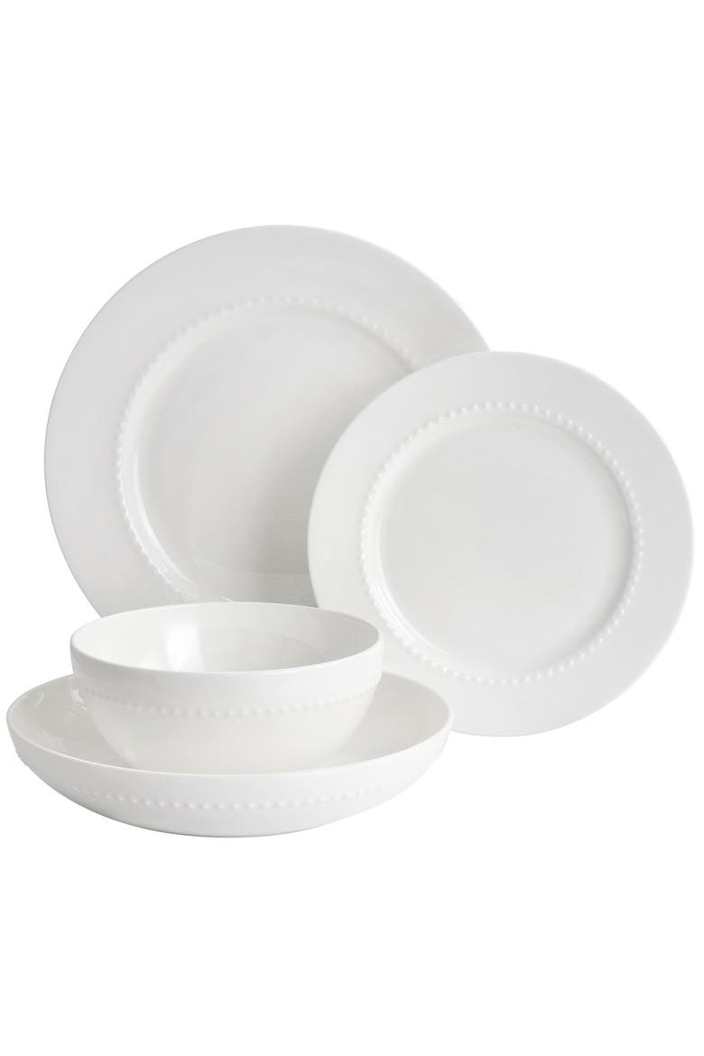 Embossed Bone China 16 Piece Double Bowl Dinnerware Set, Alternate, color, White