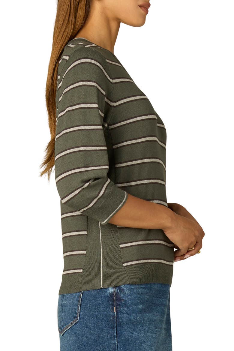 Stripe Three Quarter Sleeve Crewneck Sweater, Alternate, color, DARK FOREST/GREY MULTI
