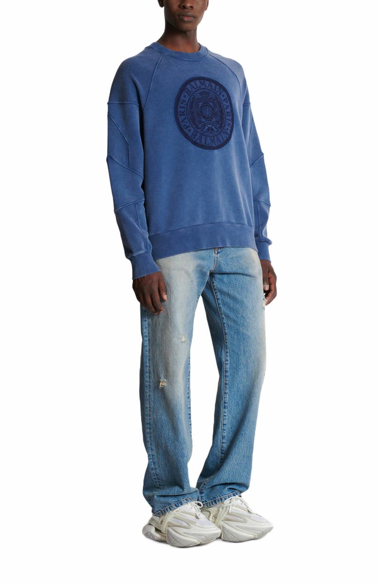 Balmain Ribbed Sweatshirt With "Coin" Embroidery, Alternate, color, Navy