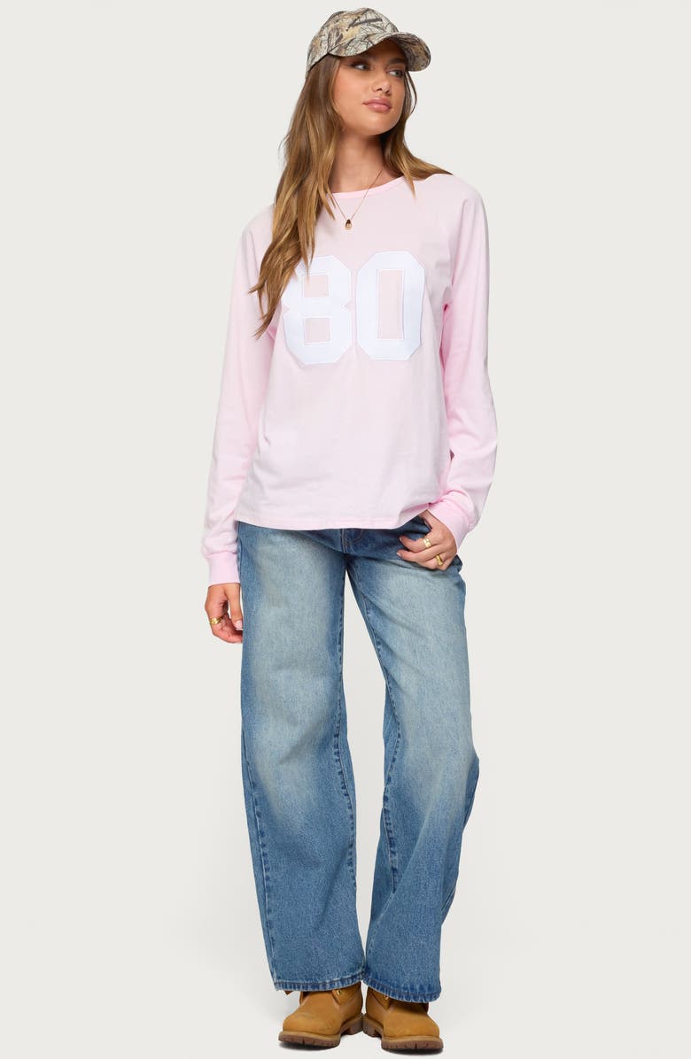 EDIKTED '80s Appliqué Oversize Long Sleeve Cotton T-Shirt, Alternate, color, Light-Pink