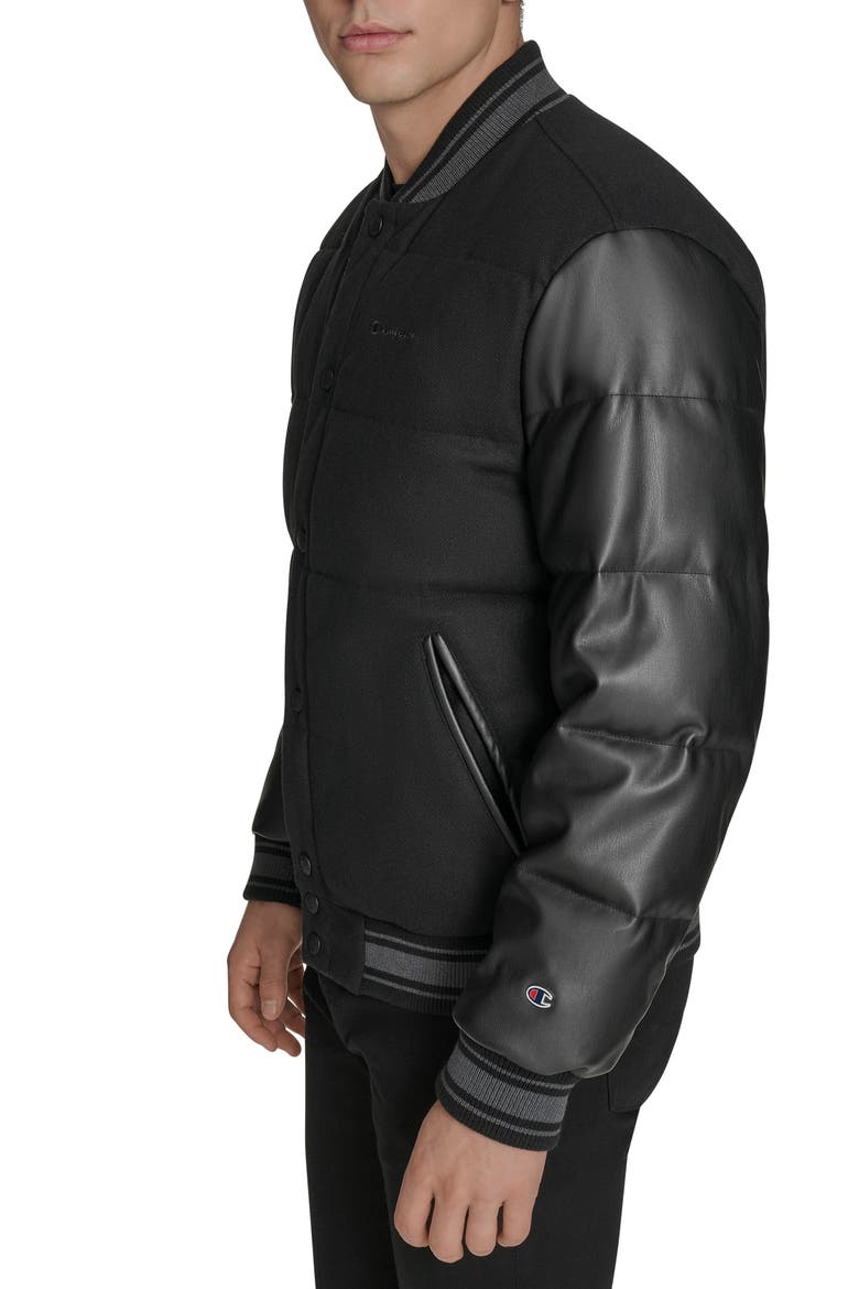 Mixed Media Varsity Puffer Jacket, Alternate, color, BLACK