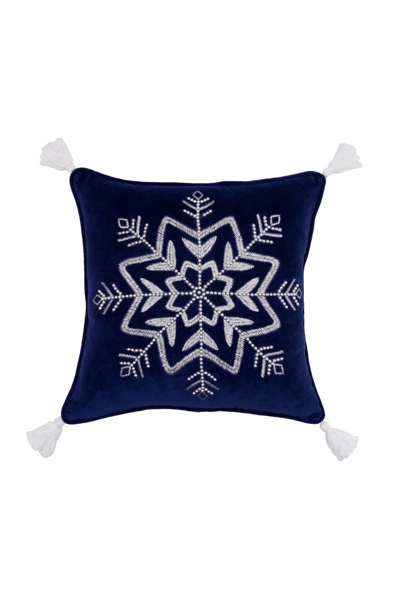 Embellished Woven Snowflake on Blue Velvet Throw Pillow 18" x 18", Main, color, Blue