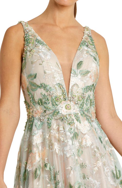 Mac Duggal Floral Embroidered Illusion V-neck Gown In Cream Multi