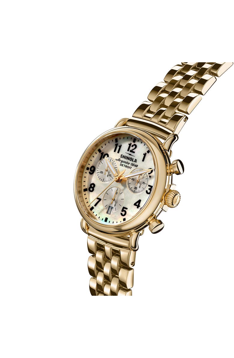 Shinola Runwell Mother-of-Pearl Chronograph Bracelet Watch, 37mm, Alternate, color, White Mother Of Pearl/ Gold