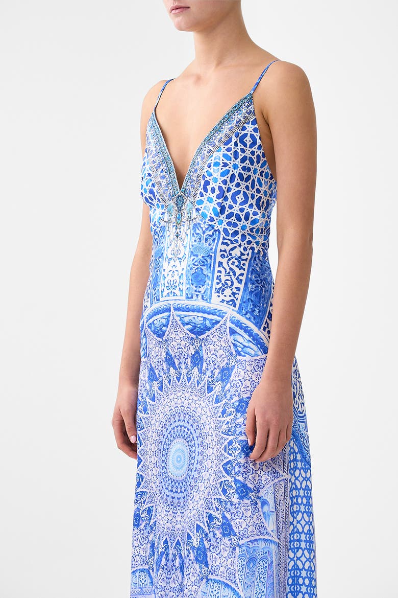 V-Neck Long Bias Slip Dress With Train, Alternate, color, The Bosphorous