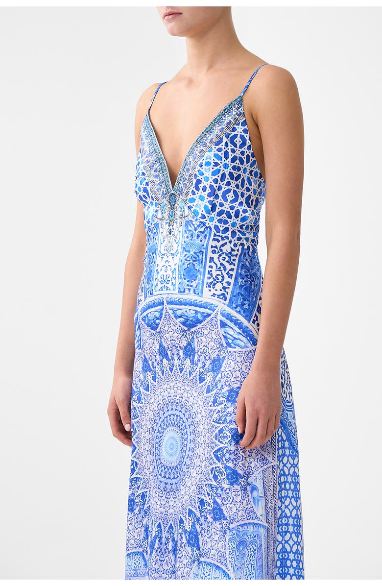 Camilla V-Neck Long Bias Slip Dress With Train, Alternate, color, The Bosphorous