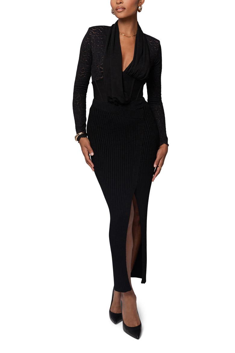 Spanish Banks Asymmetric Long Sleeve Bodysuit, Alternate, color, BLACK