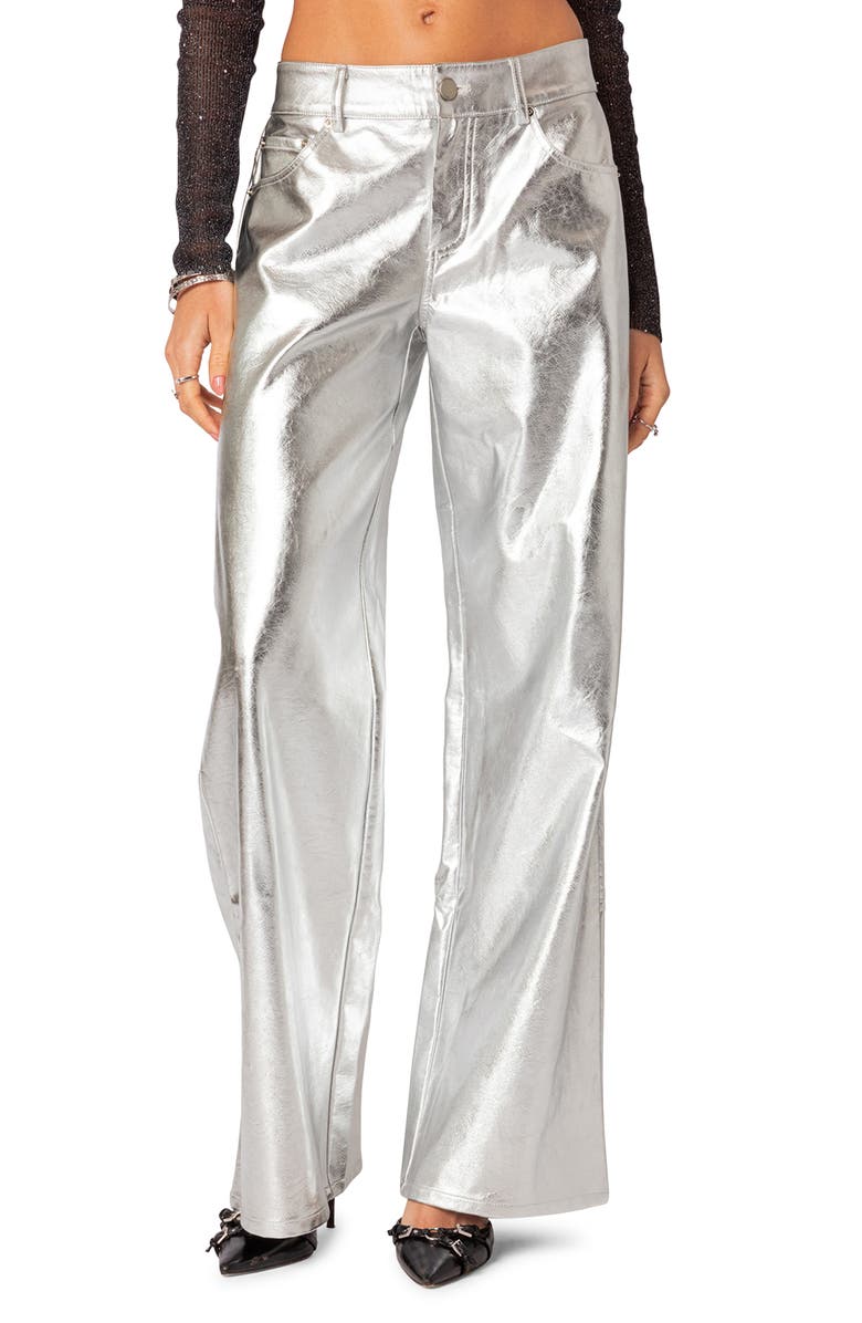 EDIKTED Kim Metallic Faux Leather Pants, Main, color, Silver