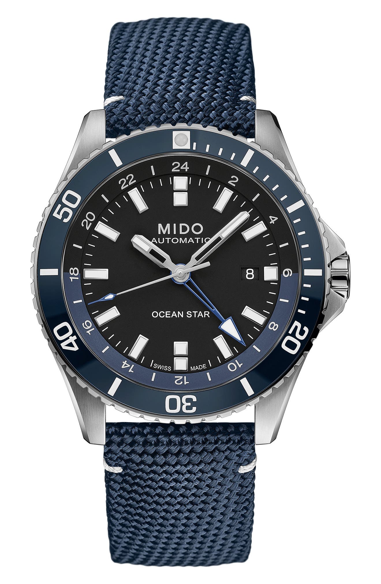 MIDO Ocean Star GMT Automatic Canvas Strap Watch, 44mm in Blue/Silver 