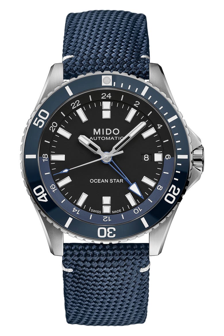 Ocean Star GMT Automatic Canvas Strap Watch, 44mm, Main, color, BLUE/ SILVER