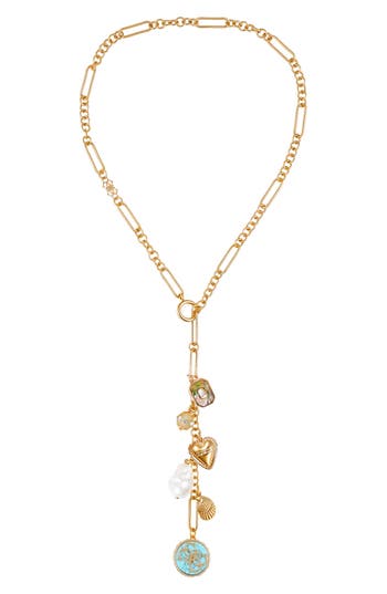 Guess Charm Lariat Necklace In Gold