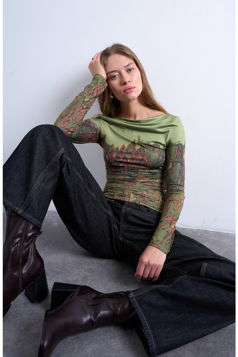 Print Ruched Top, Alternate, color, MEDIUM GREEN